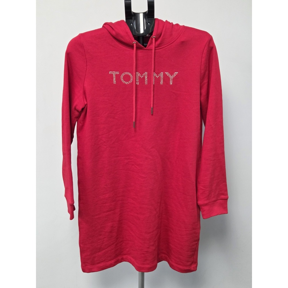 Tommy Hilfiger Women Hoodie Sweatshirt Dress Studded Logo Red Size Petite Large